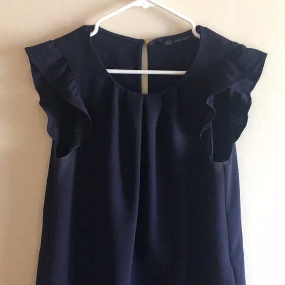 Zara Navy Ruffle cap sleeve Dress - Picture 2 of 6